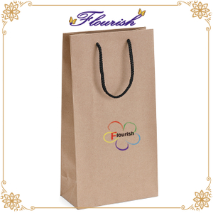 Two Bottle Wine Packaging Kraft Paper Bag with Black Cotton Handle